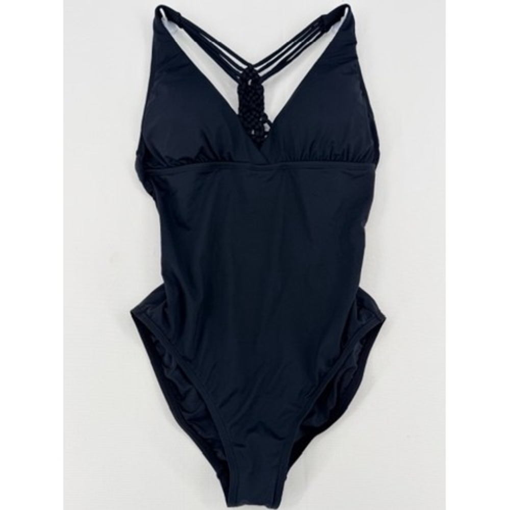 La Blanca Black V Neck Macrame Back One Piece Swimsuit NWT 6